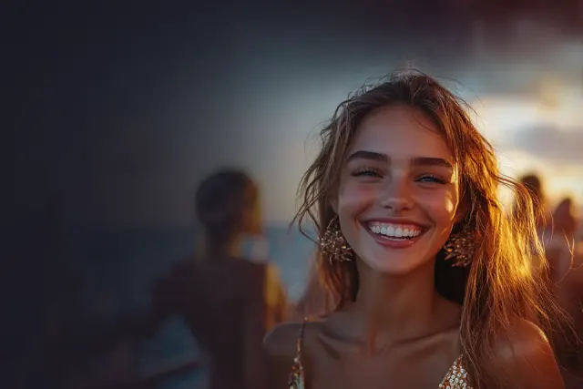 Lucky Vibe Casino Australia artwork: a laughing woman at a beach party