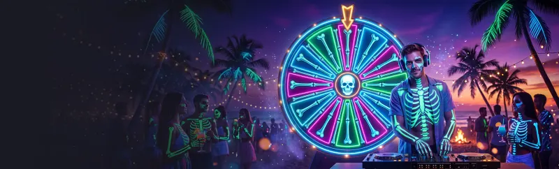 LuckyVibe Casino Bone Wheel artwork: a neon wheel of fortune at a beach party