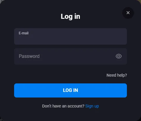 Lucky Vibe Casino login window with e-mail and password fields, Need help? link and Log In button