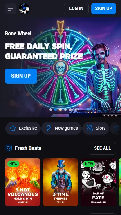 Lucky Vibe Casino lobby in a phone browser with the Bone Wheel banner and new slots