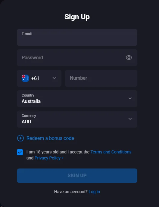 Lucky Vibe Casino sign-up window with the Redeem a bonus code link, AUD currency and Australia selected