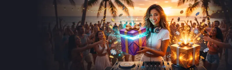 Lucky Vibe bonuses artwork: a DJ holding glowing gift boxes at a beach party